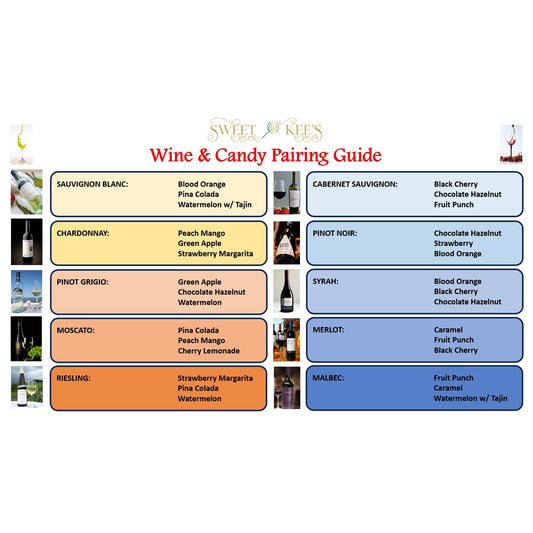 Guide for pairing wine with candies for a delightful flavor sensorial experience. Perfect to bring to your next party or event.