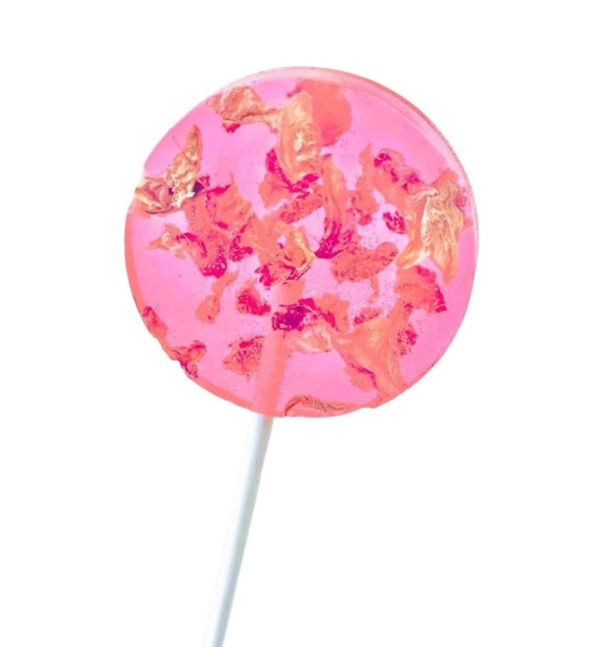 Watermelon flavored 2" lollipop decorated with edible rose flower petals. Set of 8.