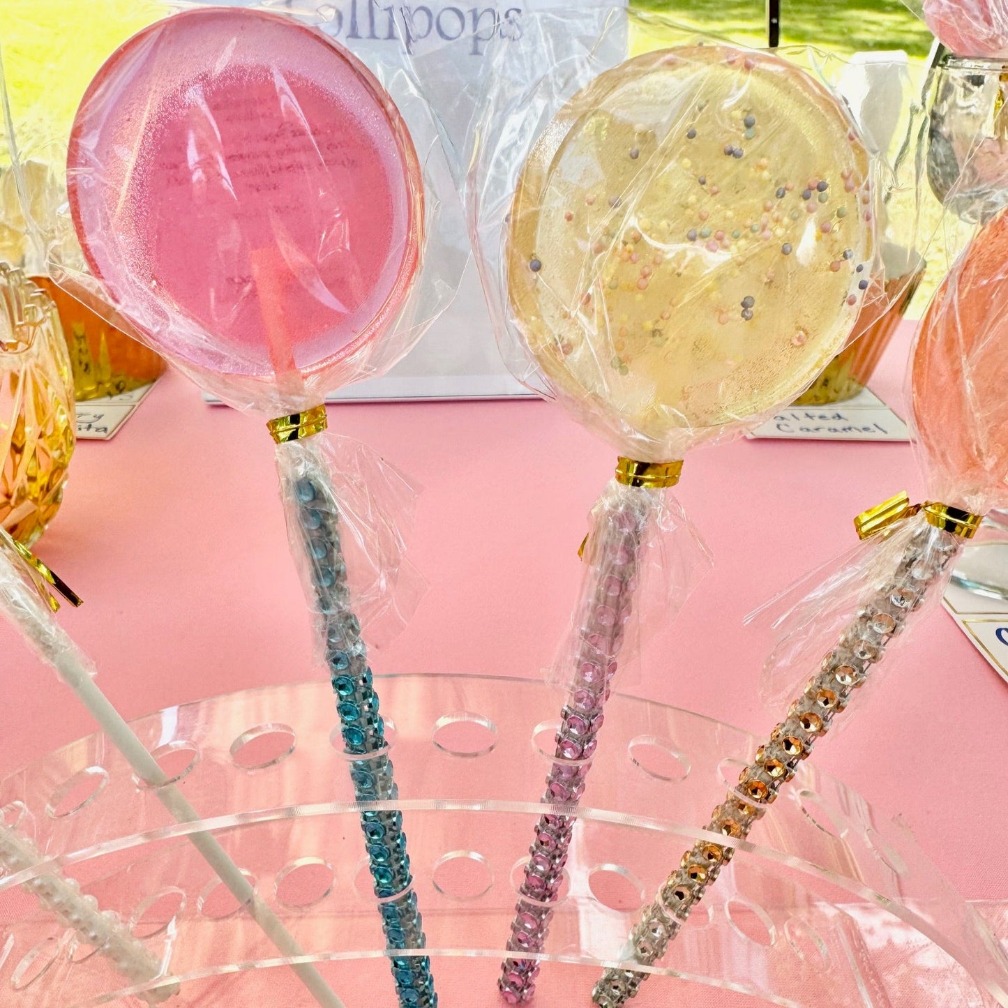 Handcrafted lollipops on rhinestone studded bling lollipop stick