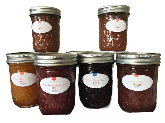 Real fruit jams in choice of flavor including Strawberry Mango, Peach Berry, Tropical, and Cherry Almond.