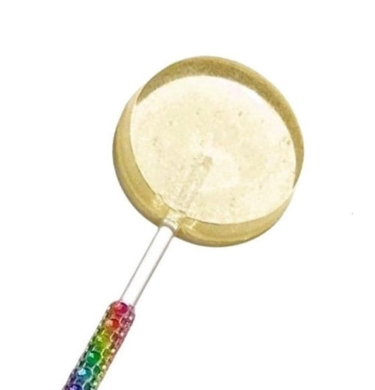 Set of 8 2" plain lollipops on a rainbow colored rhinestone decorated lollipop stick. Choose from flavors such as peach mango, strawberry, green apple, watermelon, and more.