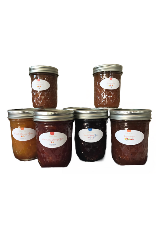 Real fruit jams in choice of flavor including Strawberry Mango, Peach Berry, and Tropical.